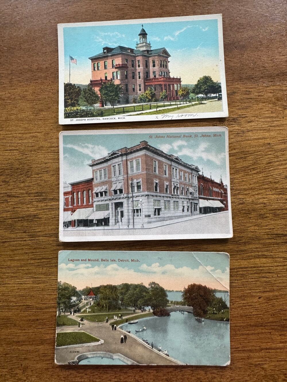 Antique Michigan Postcard Lot 3 Belle Isle Detroit Hancock St Johns Bank